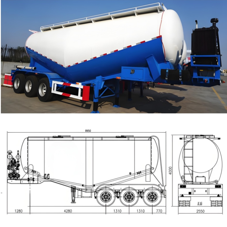 bulk cement trailer side view with technical drawing