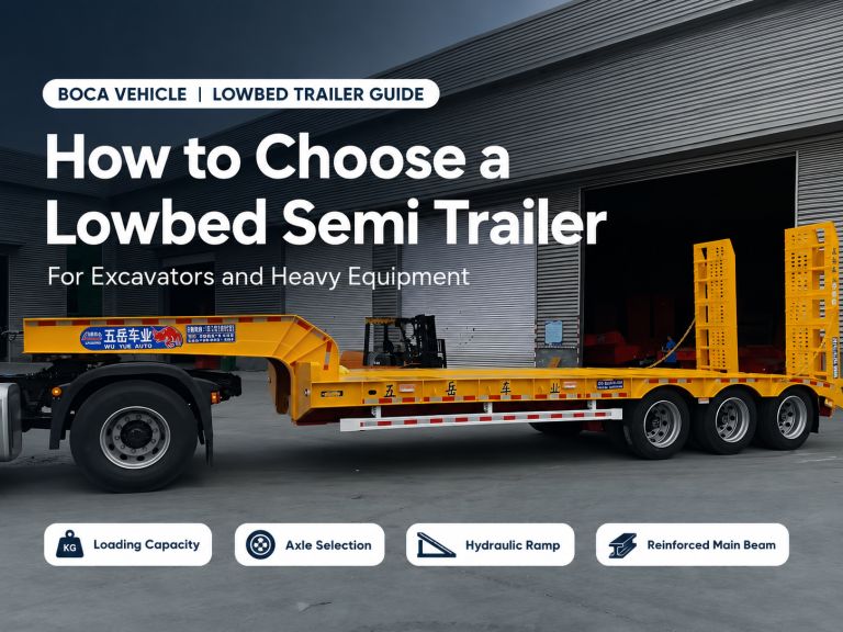Yellow lowbed semi trailer for excavators and heavy equipment transport