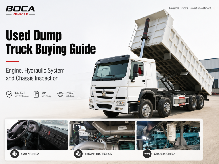 Used HOWO dump truck buying guide cover showing hydraulic lifting, engine inspection, cabin check and chassis check