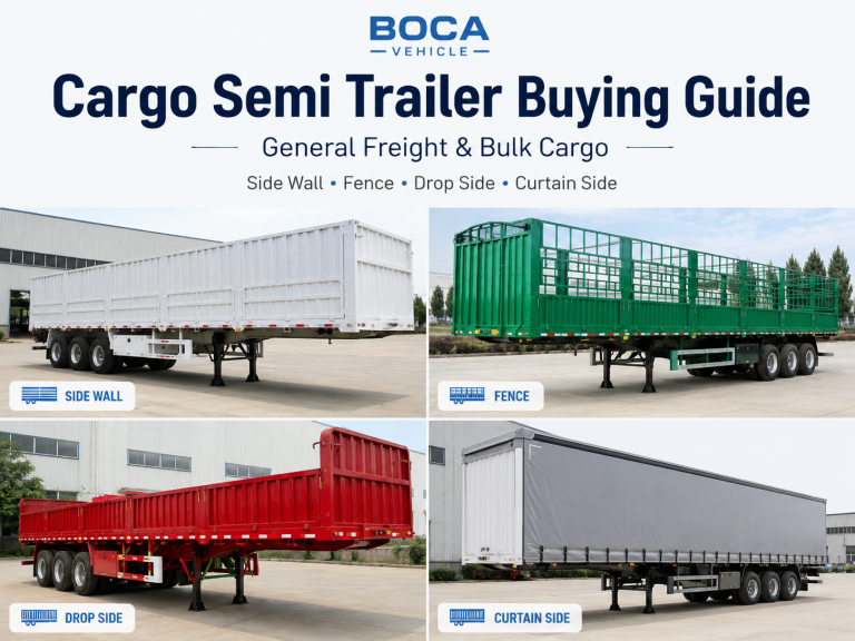 Cargo semi trailer buying guide cover showing side wall, fence, drop side and curtain side trailers