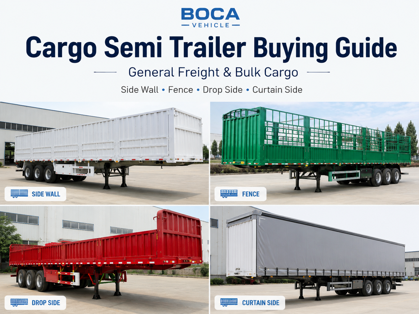 Cargo semi trailer buying guide cover showing side wall, fence, drop side and curtain side trailers