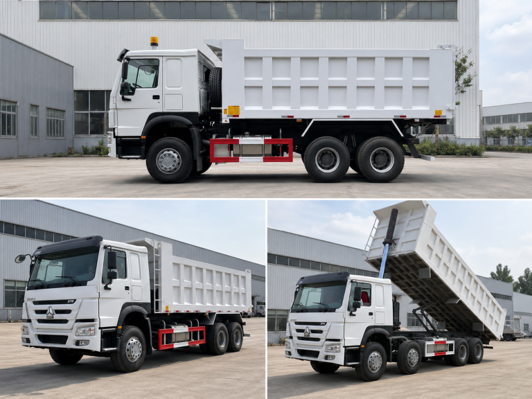 Used HOWO dump truck refurbishment shown from side, front and raised-body views