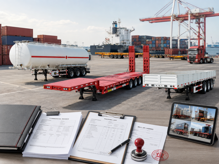 Semi trailer export documents with a lowbed trailer at a shipping port