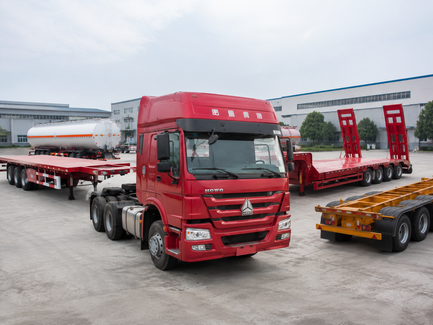 Used tractor truck with flatbed, tanker, lowbed and container chassis trailers