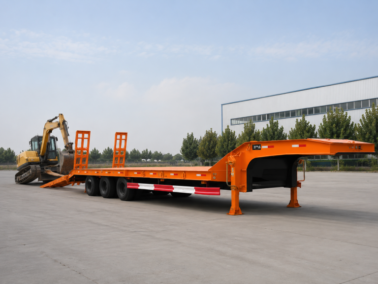 Orange lowbed trailer with rear ramps for excavator loading