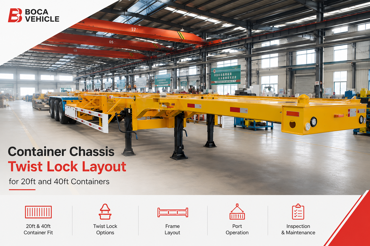 Yellow container chassis showing twist lock positions for 20ft and 40ft containers