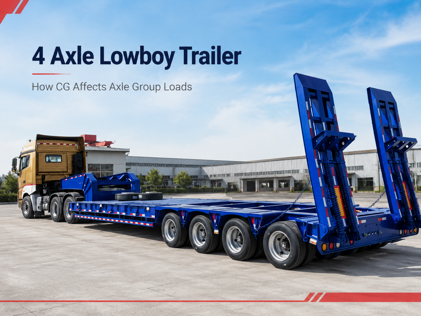 Blue 4 axle lowboy trailer showing the rear axle group for heavy equipment load distribution planning